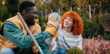 Images of two teens at a landscaping job.