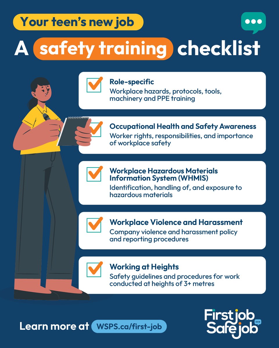 Your teen's new job: A safety training checklist infographic depicting an illustration of a teenaged girl reviewing a training checklist