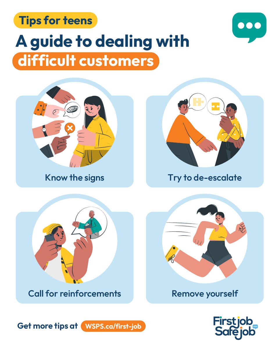 A teen’s guide for dealing with difficult customers infographic. Different scenarios of difficult customers and tips to deal with them.