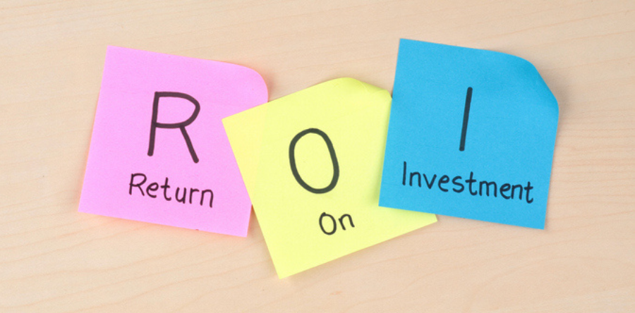 Return on investment (ROI) concept on colorful adhesive notes on wooden background