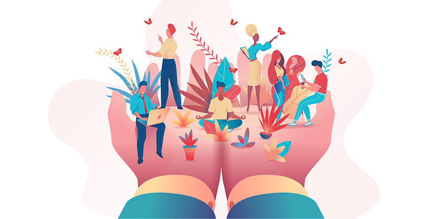 Image of hands folded open displaying varoius people doing activities, yoga, on laptop, relaxing