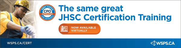 A man working in PPE with the caption: The same great JHSC Certification now available virtually.