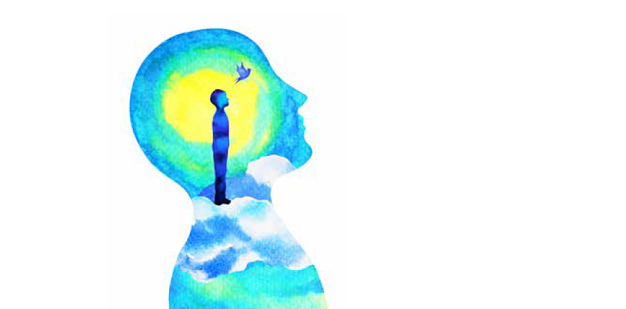 Image of a blue, green and yellow head silhouette showing an animated person standing on clouds with a bird flying above head in silhouette head