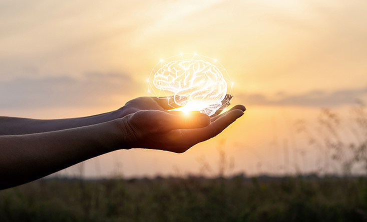 Outstreatched hands clasping illustration of a brain with electric waves over a backdrop of a sunset