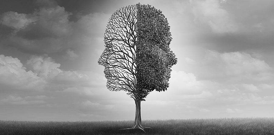 B&W abstract tree. Branches are in shape of 2 facial profiles. One side with full leaves and the other bare
