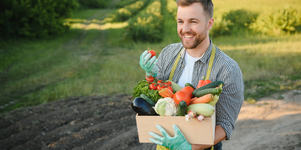 A young fruit and vegetable farmer standing in his field, holding a box of fresh produce