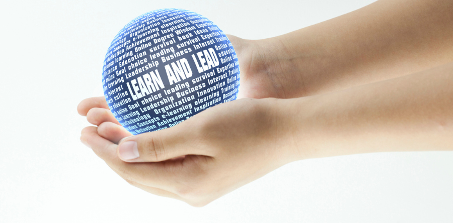 Image of hands holding a ball that has learn and lead written on it