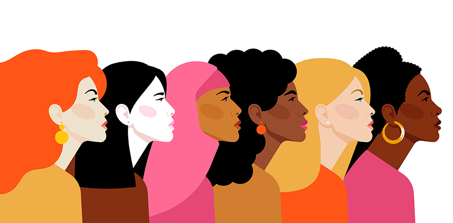 Colourful illustration of women from diverse ethnic backgrounds in celebration of internation women's day
