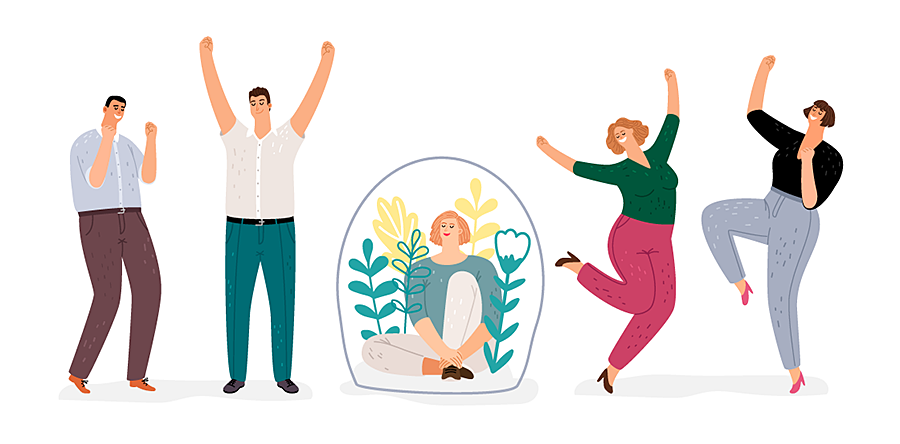 Animated images of a male standing raising arms, a woman sitting with flowers behind her, a woman standing on one leg with the other leg bent with arms up in  air