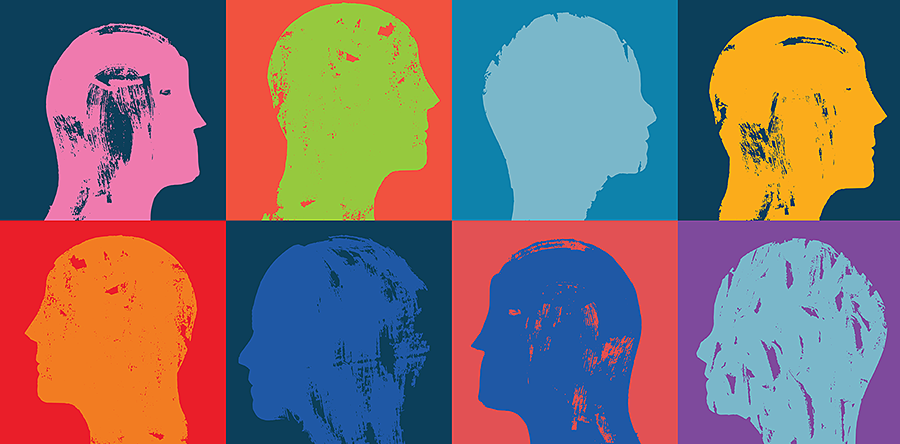 Abstract image of headshots in pink, orange, green and blue with dark blue, red and purple backgrounds.