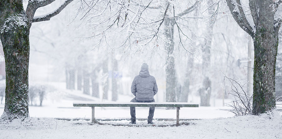Image of a person wearing a grey jacket sitting on bench among trees during a winter storm